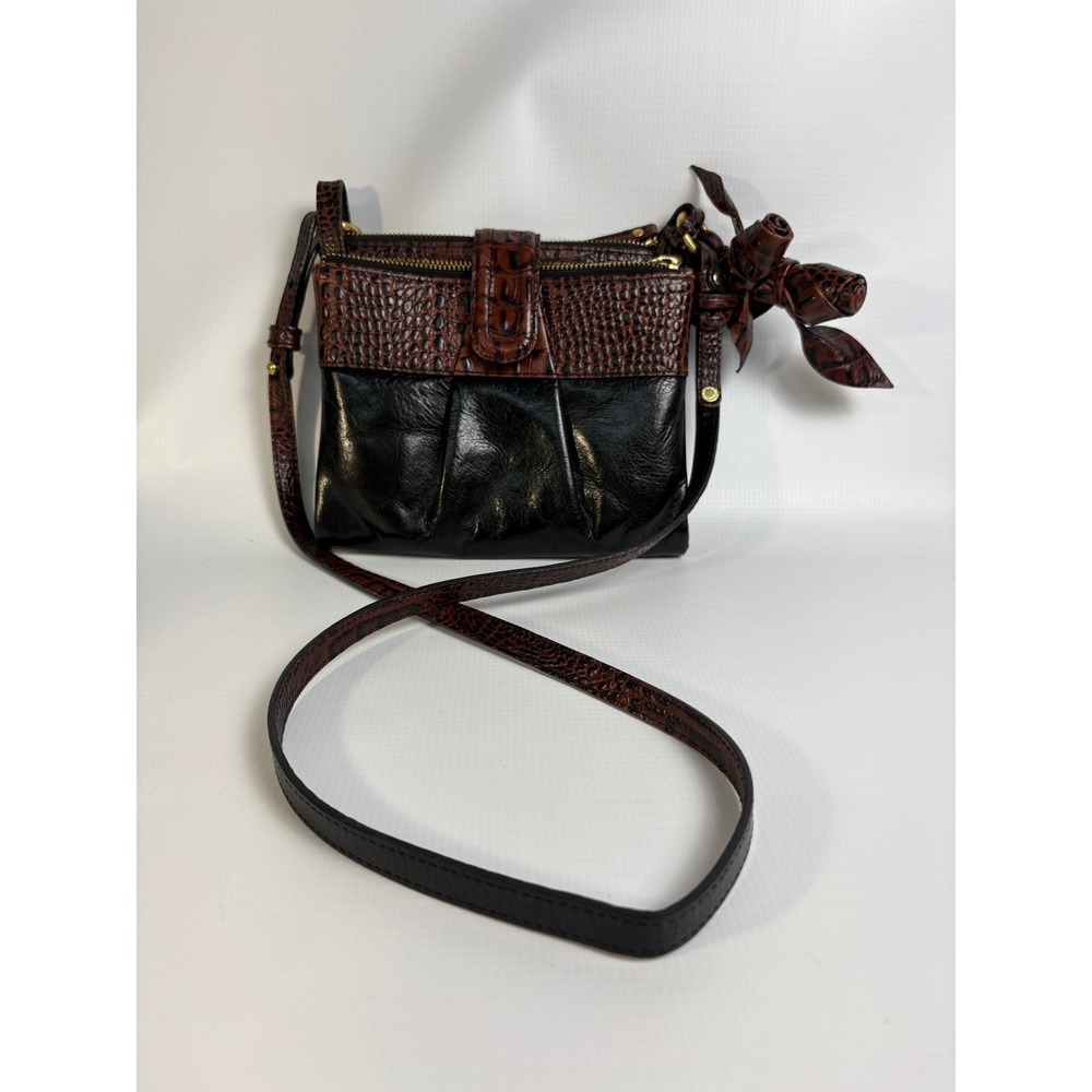 Brahmin Black Pecan Brown Croc Leather Triple Zip Crossbody Bag Rose Charm
